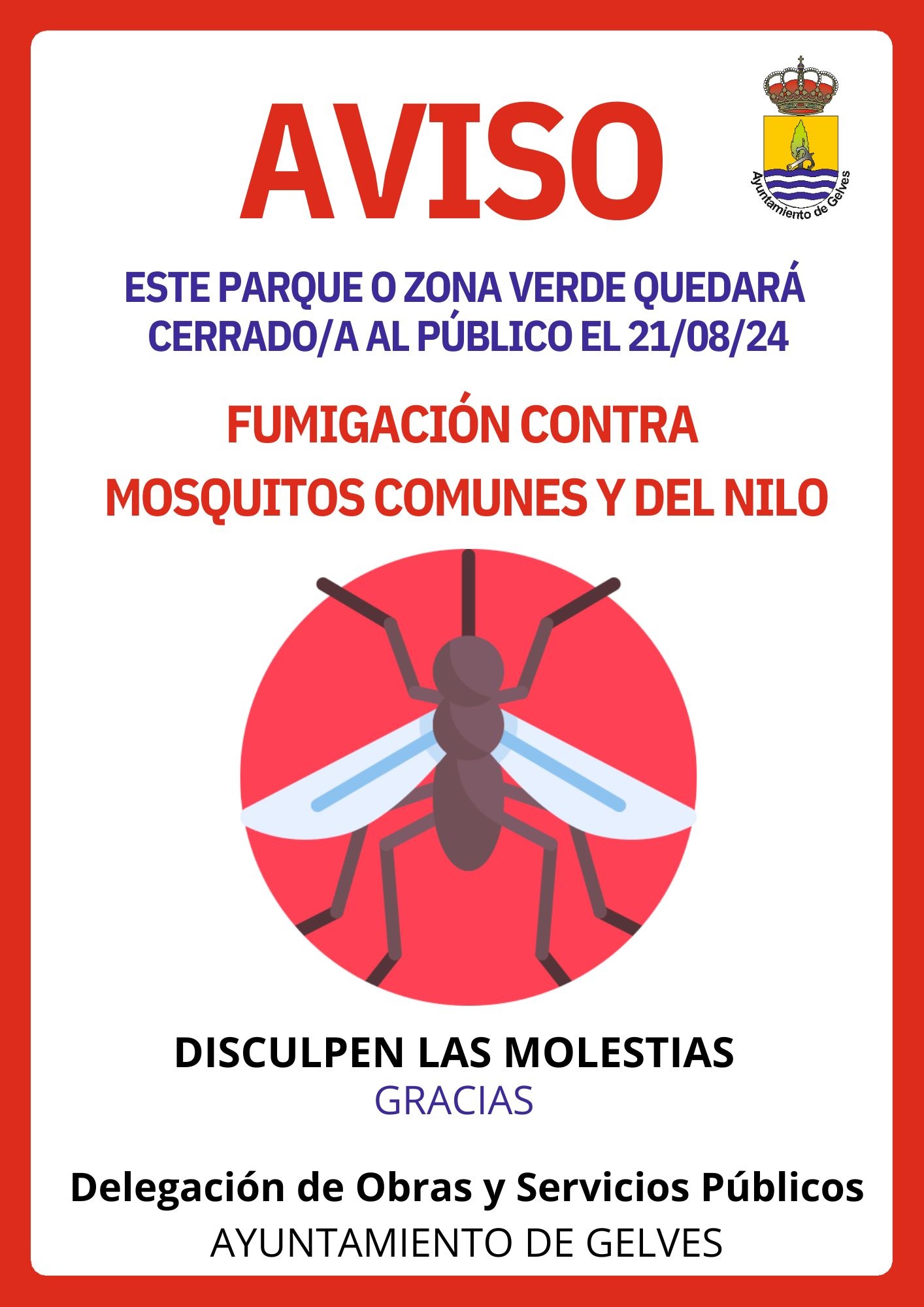 El Ayuntamiento cierra hoy miércoles los parques municipales para la fumigación contra mosquitos comunes