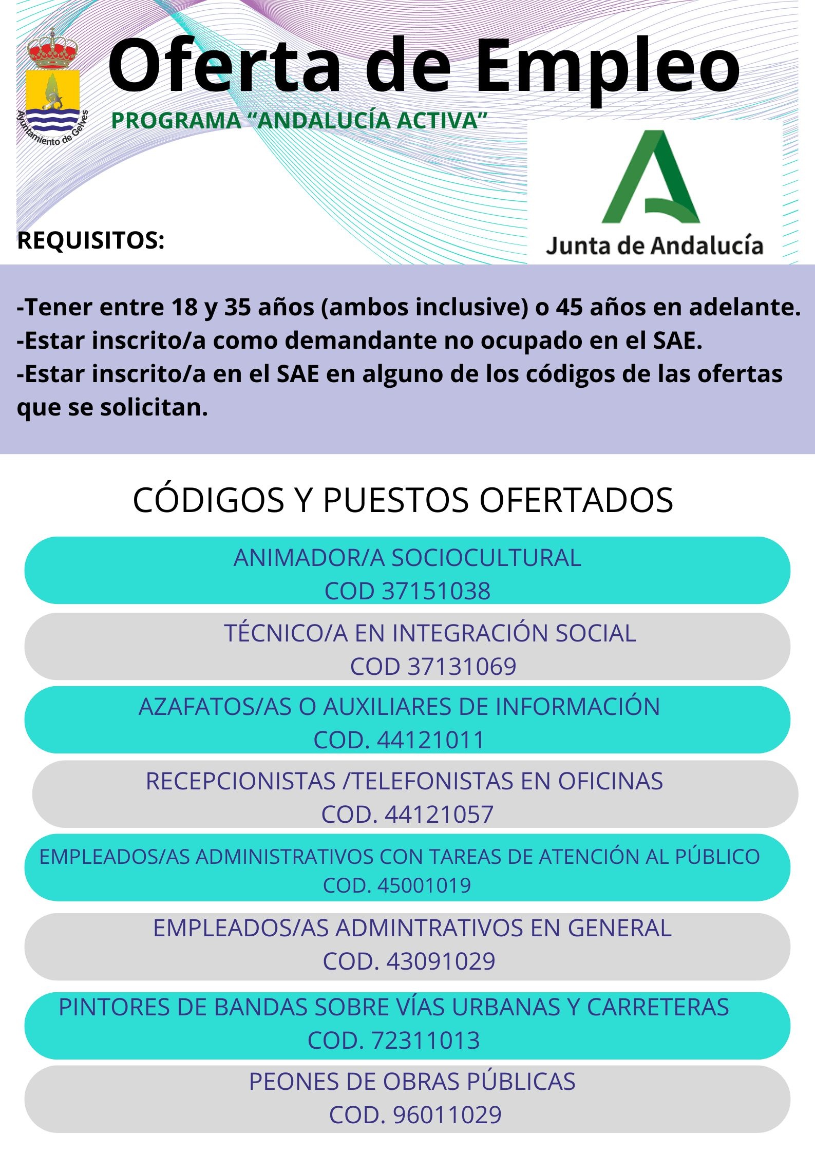 El ayuntamiento recuerda a las personas interesadas que pueden inscribirse con los códigos requeridos en el SAE para optar a ser beneficiario/a de la próxima convocatoria de Empleo “Andalucía Activa”