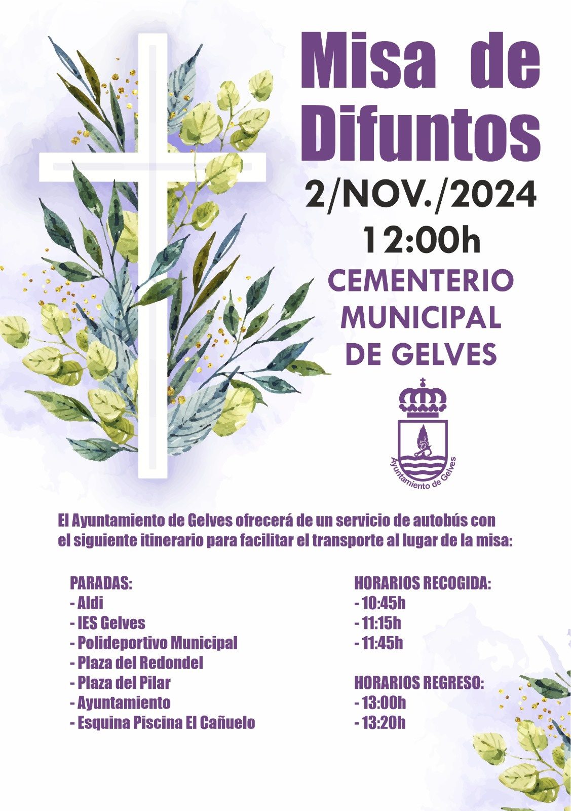 El Ayuntamiento ofrecerá de nuevo este año un servicio especial y gratuito de autobús para la Misa de Difuntos del próximo 2 de noviembre a las 12:00h en el Cementerio Municipal