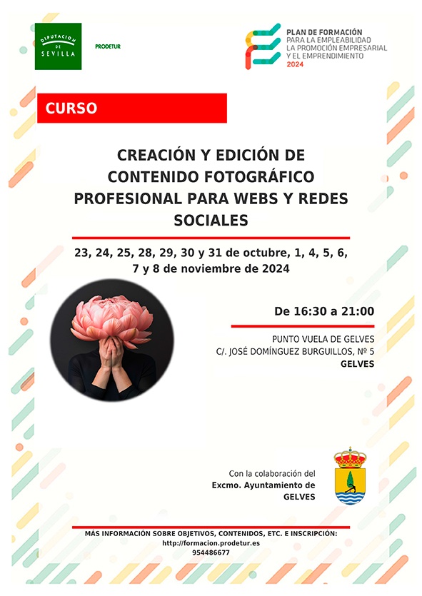Próximo curso gratuito en Gelves para personas desempleadas y empresarios/as sobre “Creación y Edición de Contenido Fotográfico Profesional para Webs y Redes Sociales”