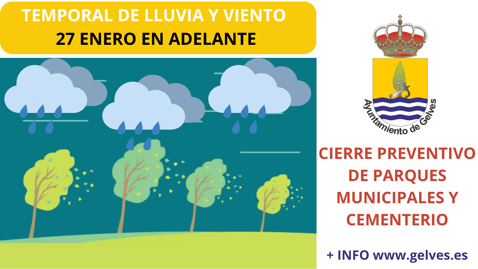 Cerrados los parques municipales y el cementerio ante el temporal de lluvias y viento