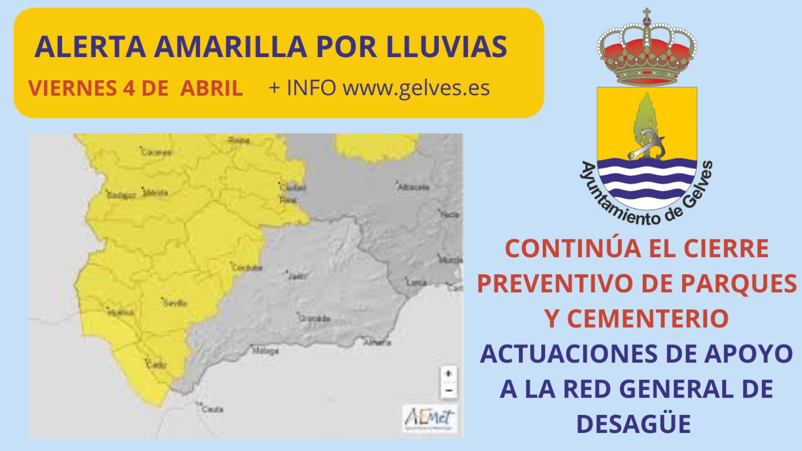 Cerrados los parques municipales y el cementerio ante la Alerta Amarilla por lluvias