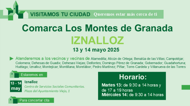 La Oficina de Atención a la ciudadanía se desplaza a la Comarca de los Montes, en Granada, este 13 y 14 de mayo