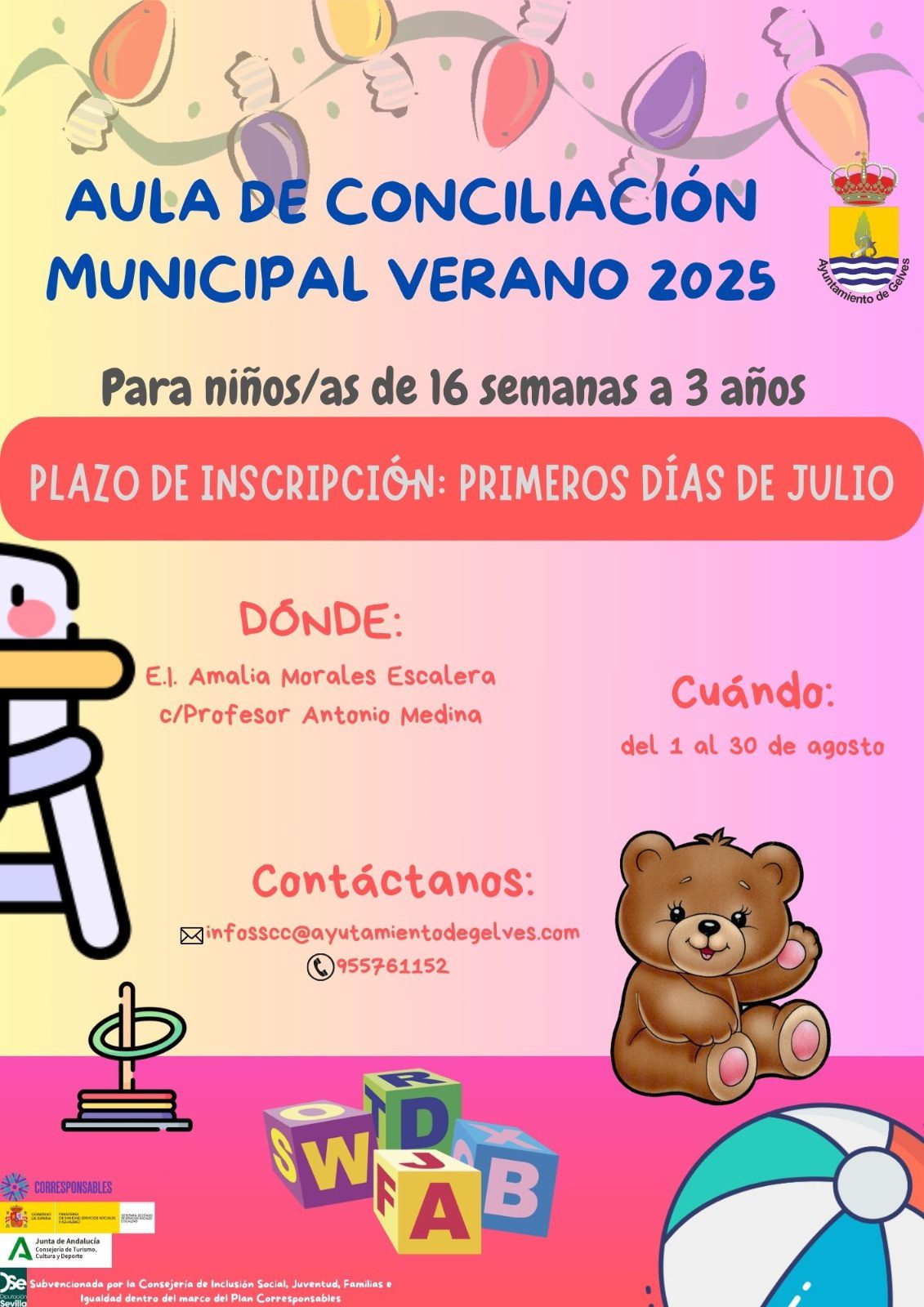 Bienestar Social ofrecerá por segundo año consecutivo el Aula de Conciliación Municipal de Verano para niños/as con edades comprendidas entre las 16 semanas y 3 años