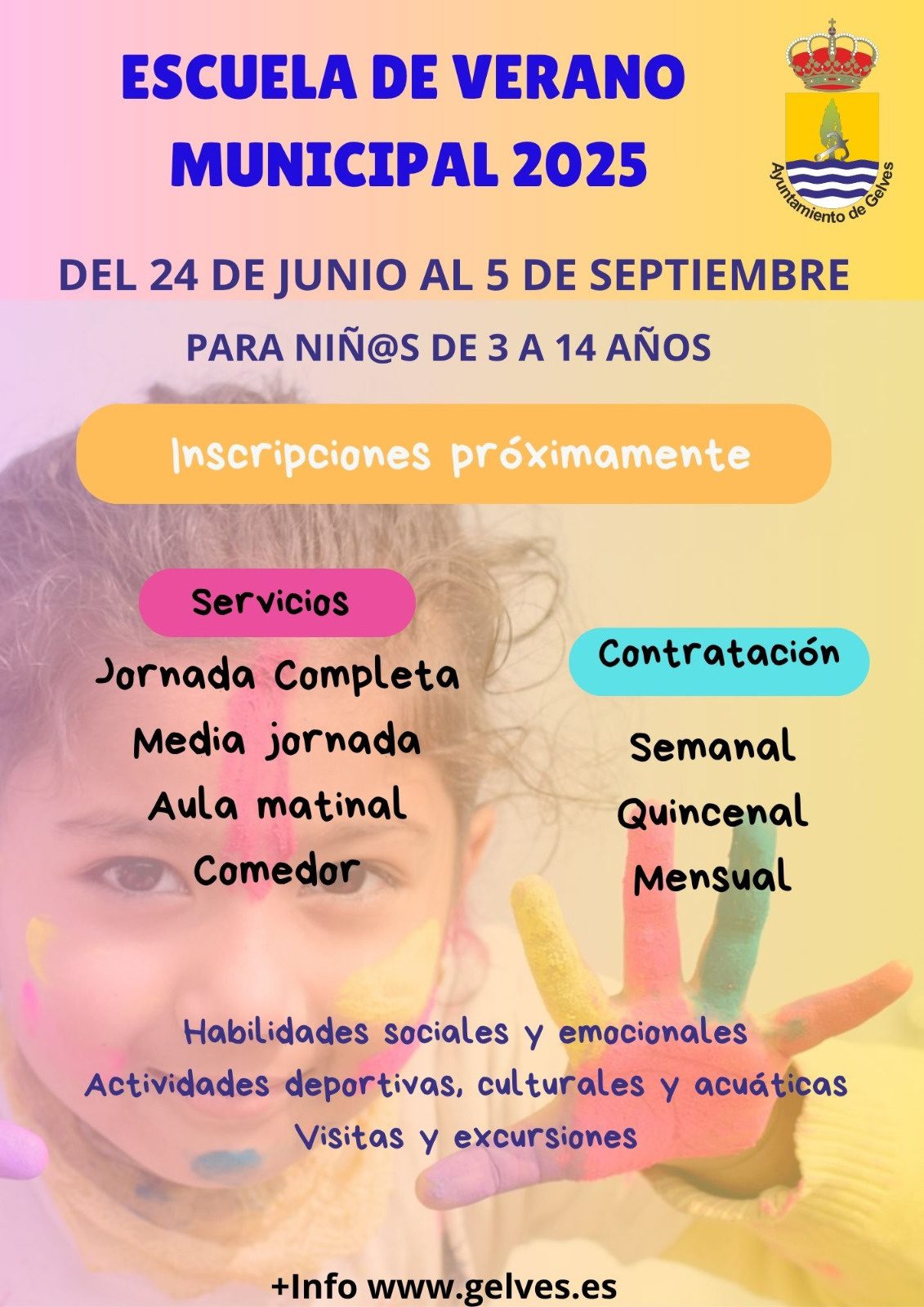 El Ayuntamiento de Gelves volverá a ofrecer su Escuela de Verano entre el 24 de junio y el 5 de septiembre de 2025 para niños/as de 3 a 14 años