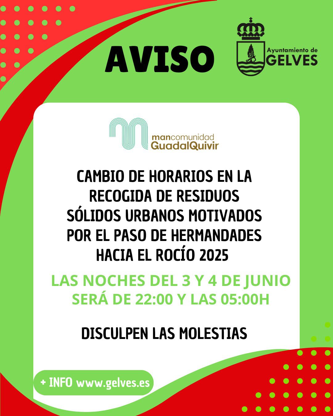 Cambios en los horarios de recogida de residuos sólidos urbanos la semana que viene