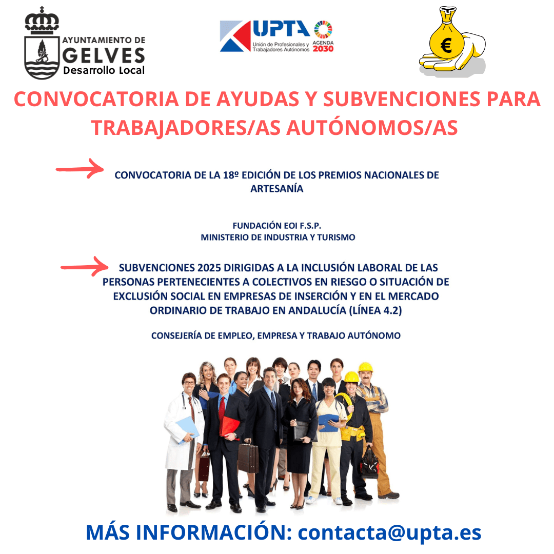 El Ayuntamiento, como miembro de la UPTA, informa de dos convocatorias de ayudas y subvenciones para trabajadores/as autónomos/as