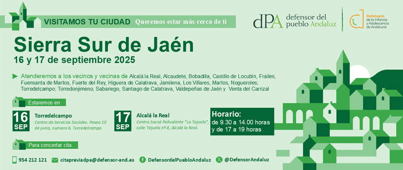 La Oficina de Información y Atención Ciudadana del Defensor del Pueblo andaluz se desplaza a la sierra sur de Jaén para la atención presencial a la ciudadanía