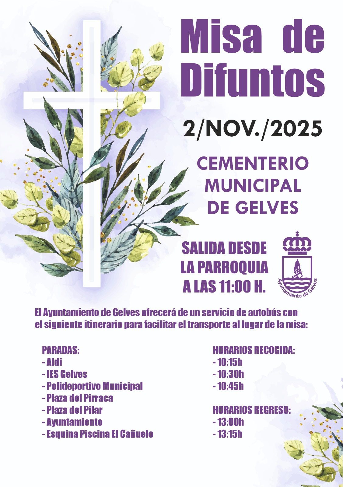 El Ayuntamiento volverá a ofrecer este año un servicio especial y gratuito de autobús para la Misa de Difuntos del próximo 2 de noviembre a las 12:00h en el Cementerio Municipal