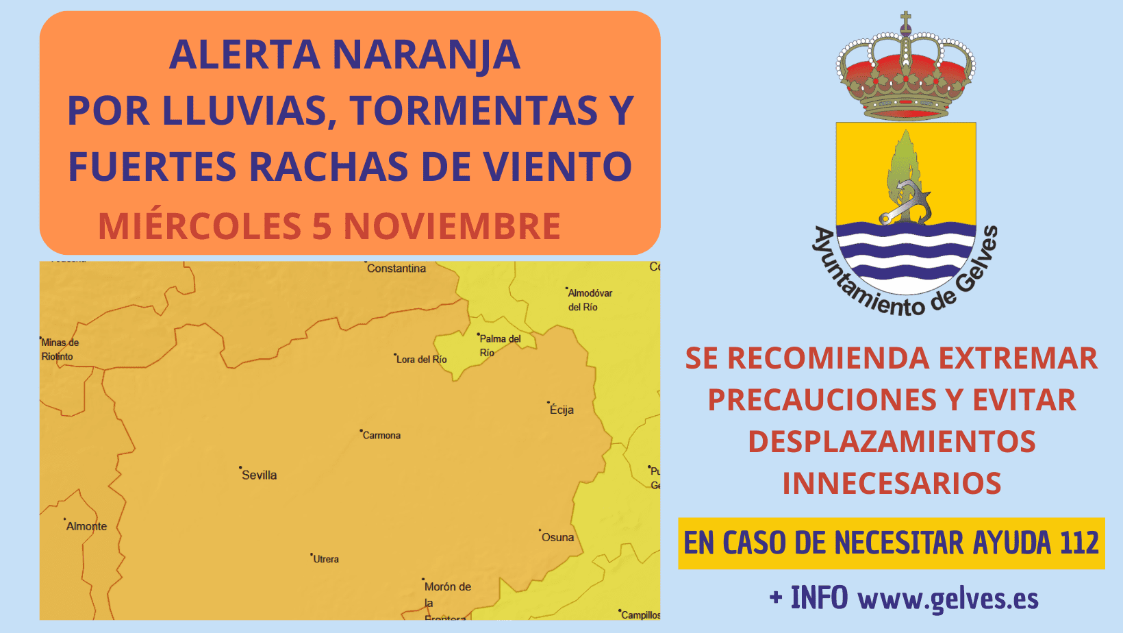 Alerta naranja en Gelves mañana miércoles por lluvias, tormentas y rachas de viento