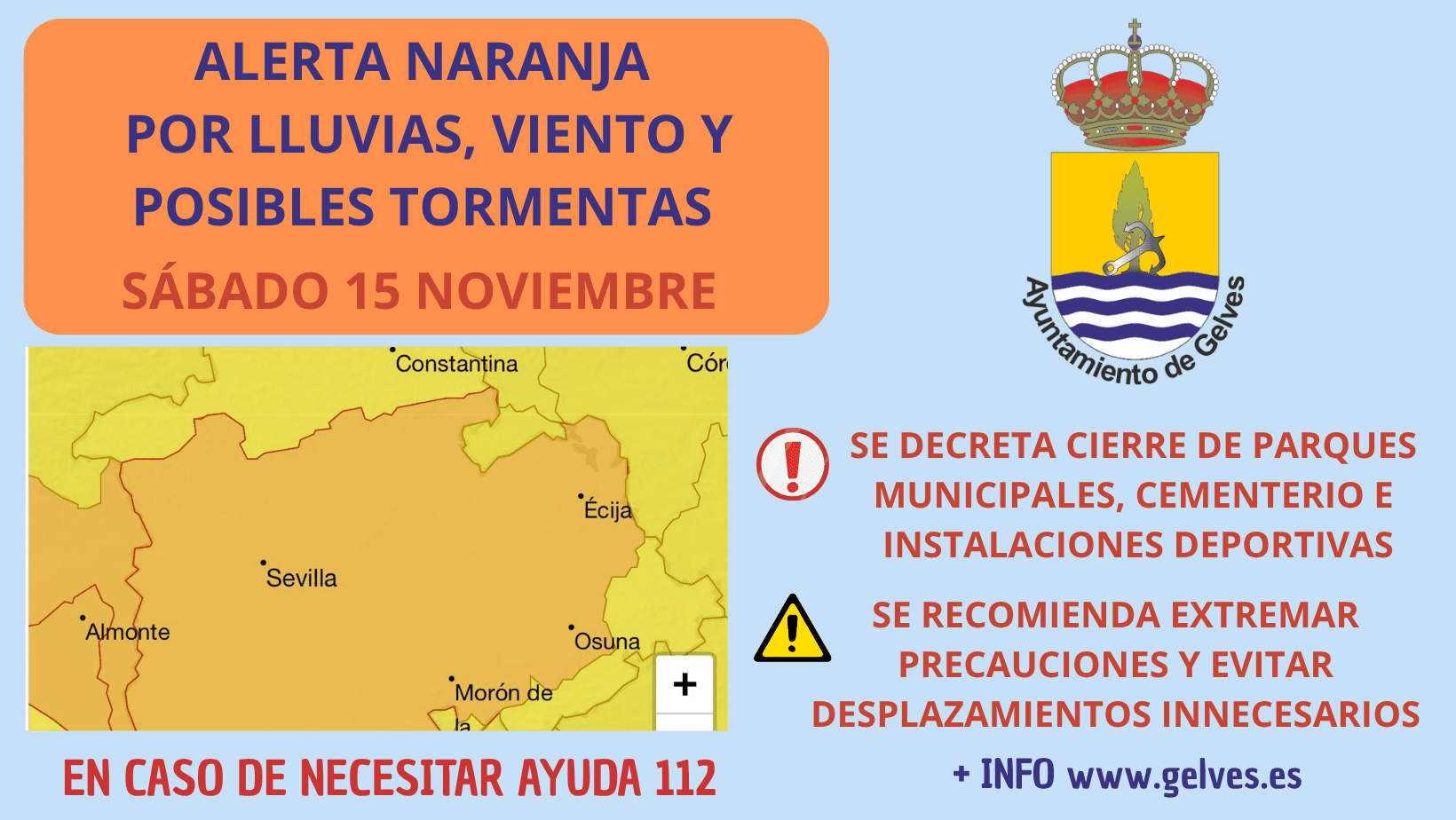 Decretada para hoy 15 de noviembre alerta naranja por condiciones meteorológicas adversas, con especial atención a fuertes lluvias, viento y posibles tormentas