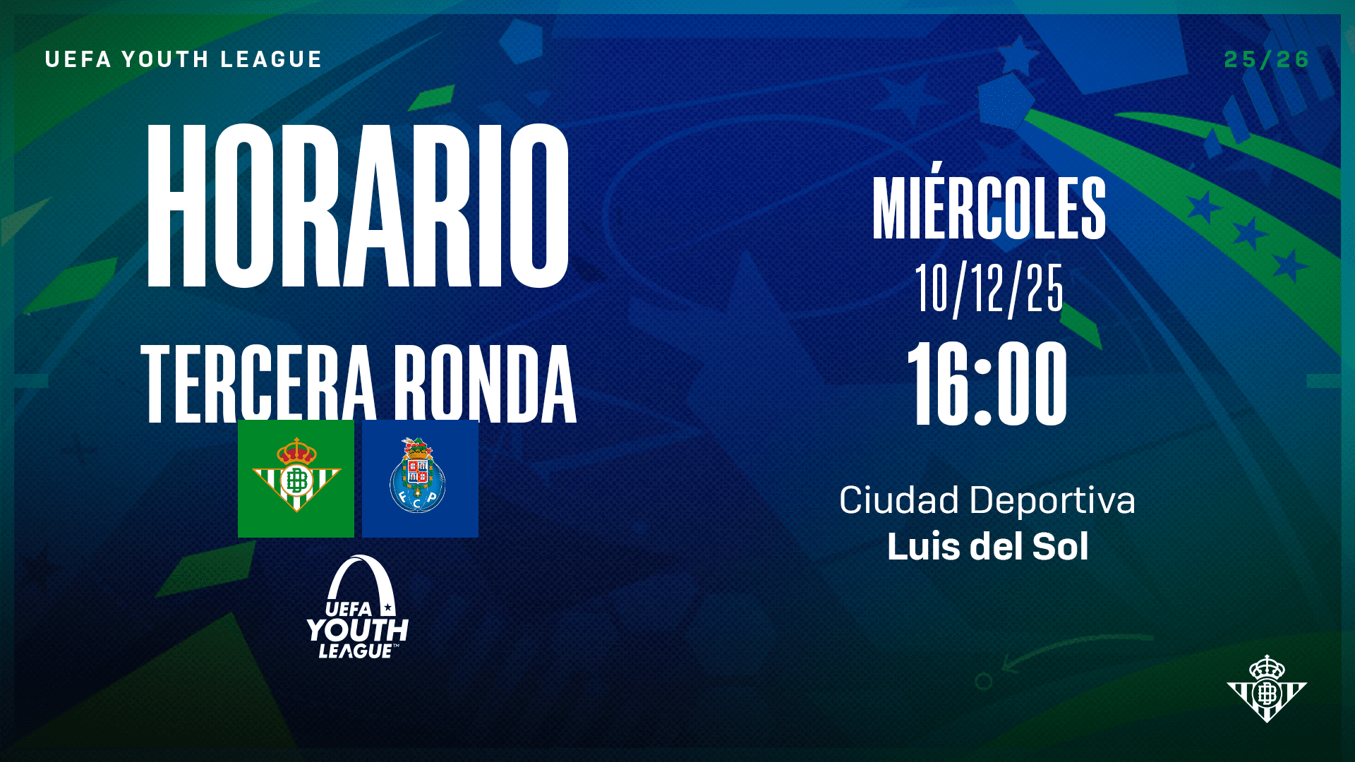 El Real Betis Juvenil DH-FC Porto, el miércoles 10 de diciembre a las 16:00