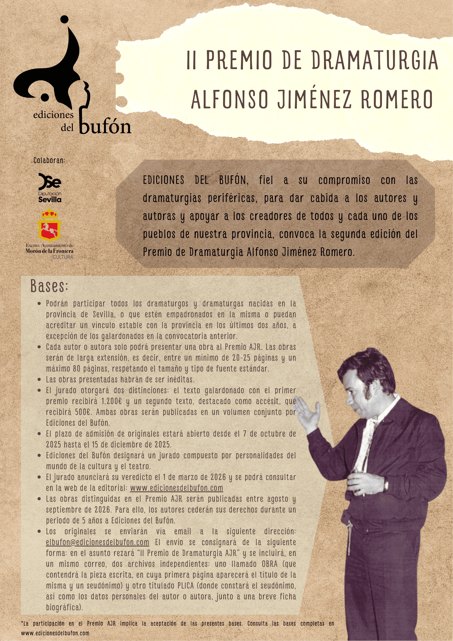 El lunes 15 concluye el plazo para el envío de originales al II Premio de Dramaturgia ‘Alfonso Jiménez Romero’ que convoca Ediciones del Bufón, de Morón de la Frontera