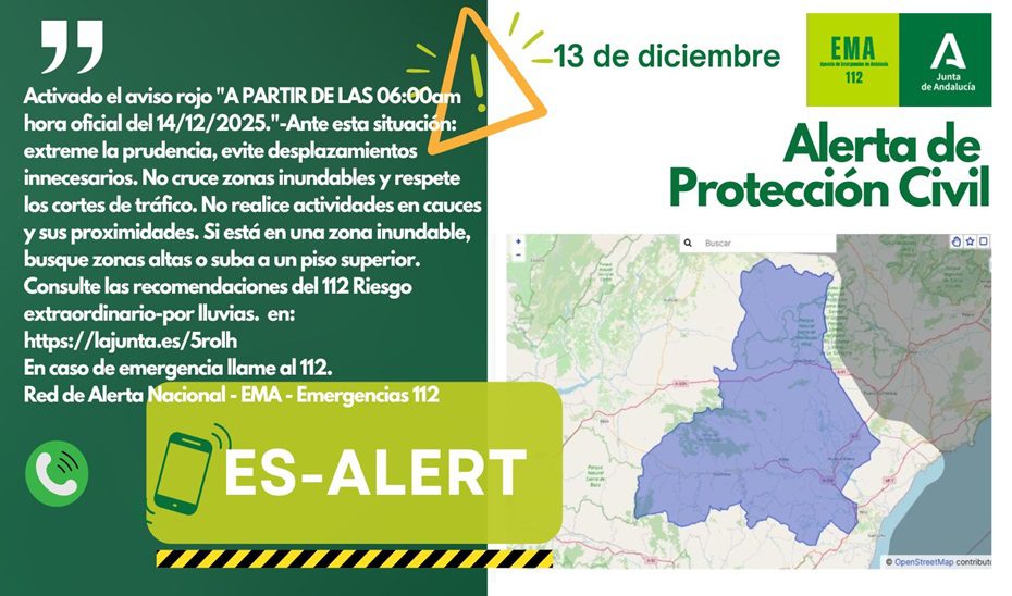 La EMA manda un mensaje Es-Alert a los municipios con aviso rojo por lluvias del Valle del Almanzora y Los Vélez