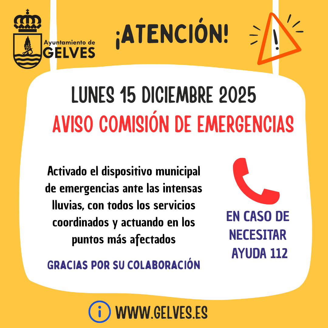 El Ayuntamiento de Gelves activa la Comisión Municipal de Emergencias ante un episodio de lluvias intensas