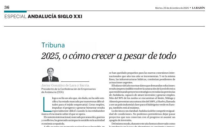 Javier González de Lara, presidente de CEA, pone en valor el tejido empresarial andaluz en la Tribuna del diario La Razón – Confederación de Empresarios de Andalucía