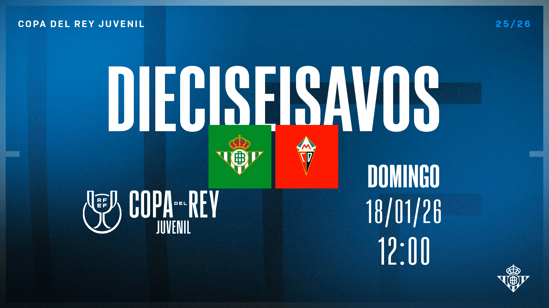 Los dieciseisavos de la Copa del Rey Juvenil, el domingo 18 de enero a las 12:00 horas