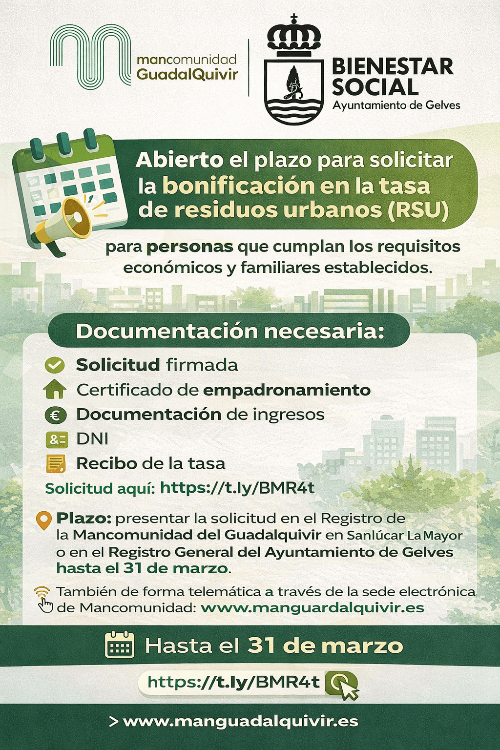 Abierto el plazo para solicitar la bonificación en la tasa de residuos urbanos (RSU)