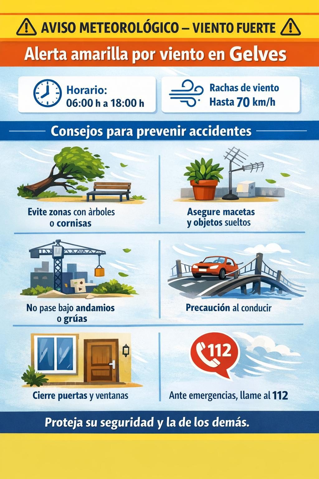 El Ayuntamiento de Gelves informa de aviso amarillo por viento fuerte emitido por la AEMET