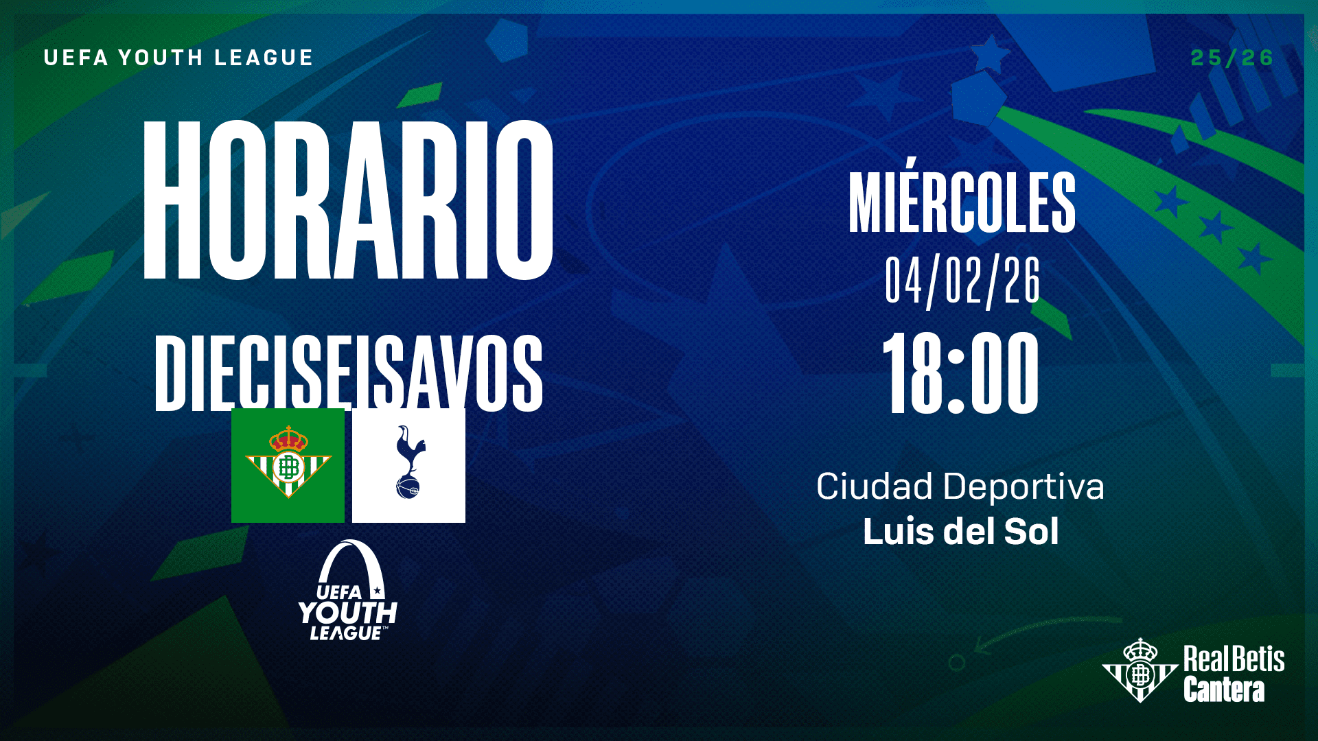 El Real Betis Juvenil DH-Tottenham Hotspur, el miércoles 4 de febrero a las 18:00