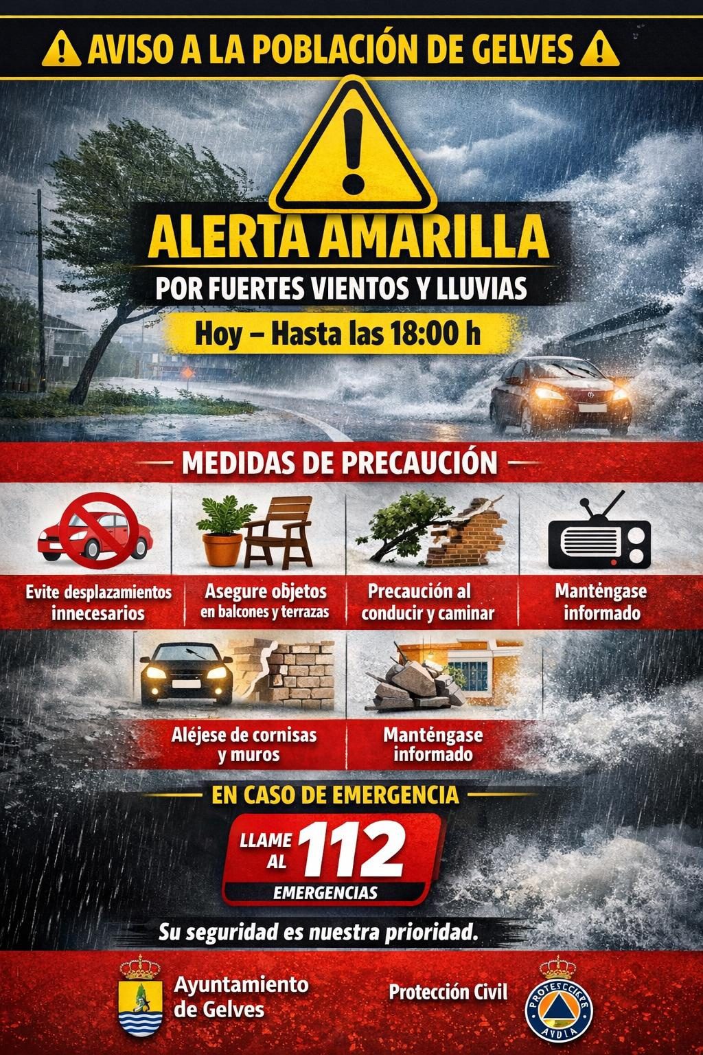 Gelves en Alerta Amarilla por viento y lluvias: cierre de instalaciones al aire libre y cementerio