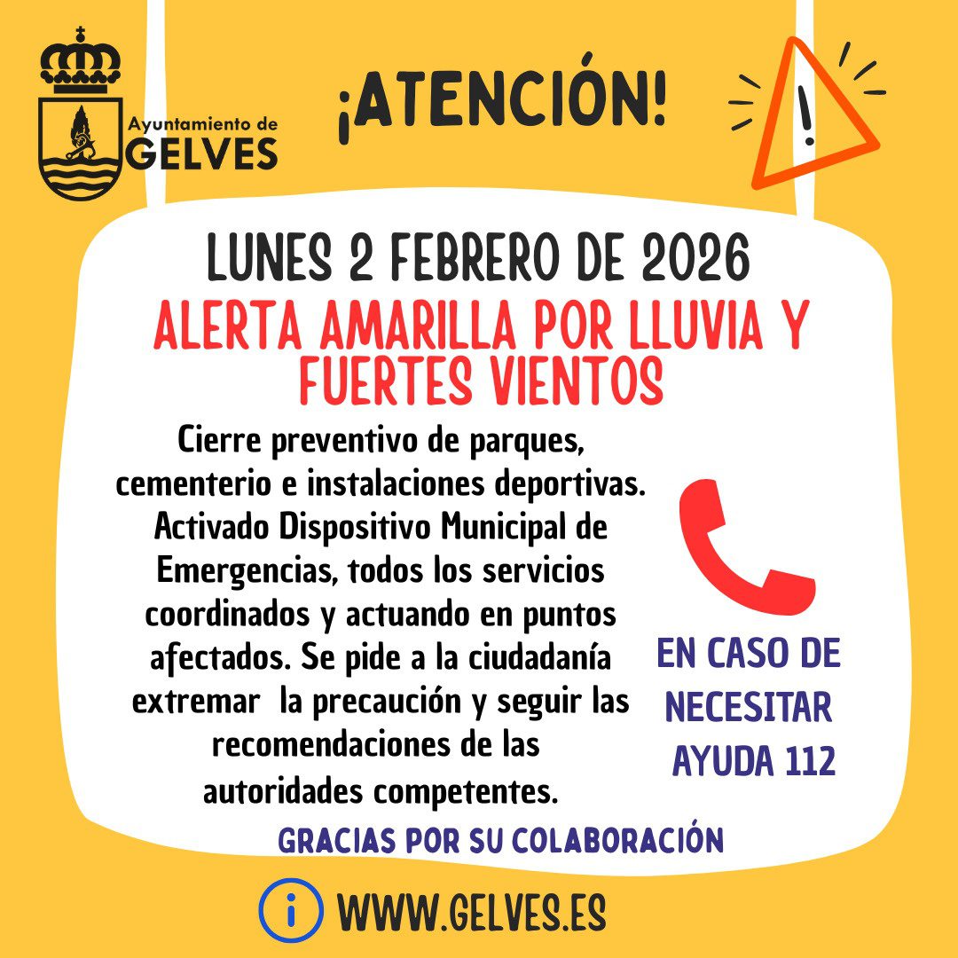 Alerta amarilla por lluvias y fuertes vientos en Gelves