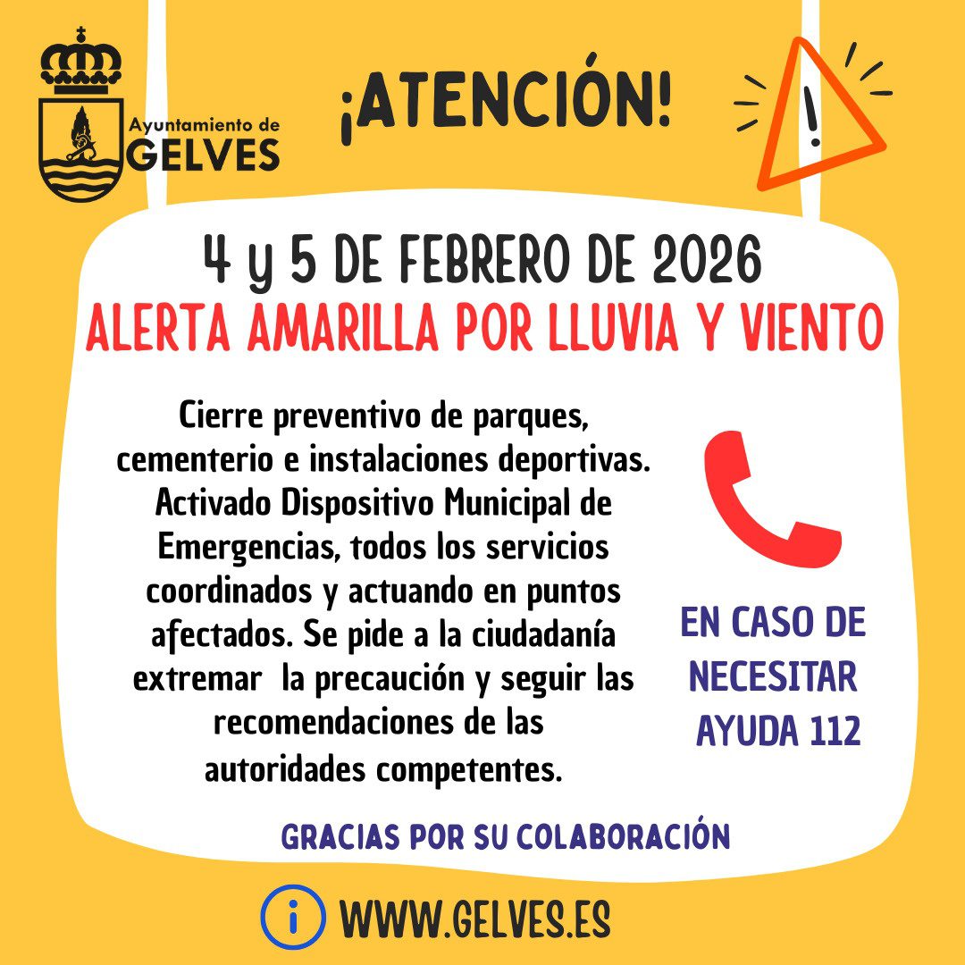 Gelves en alerta amarilla por lluvia y viento según Aemet