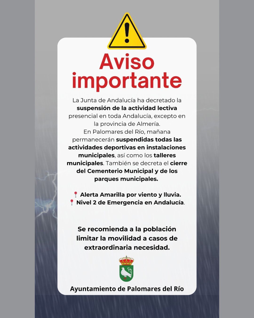AVISO DE ALERTA | INFO PARA PALOMARES DEL RÍO