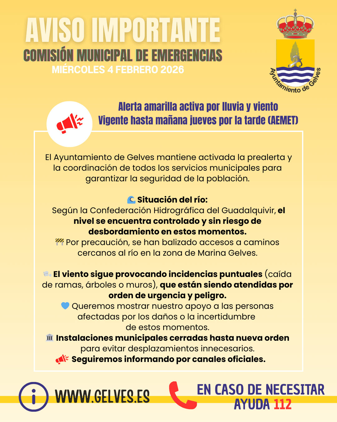 El Ayuntamiento de Gelves refuerza la coordinación ante la situación meteorológica y mantiene la prealerta por prevención