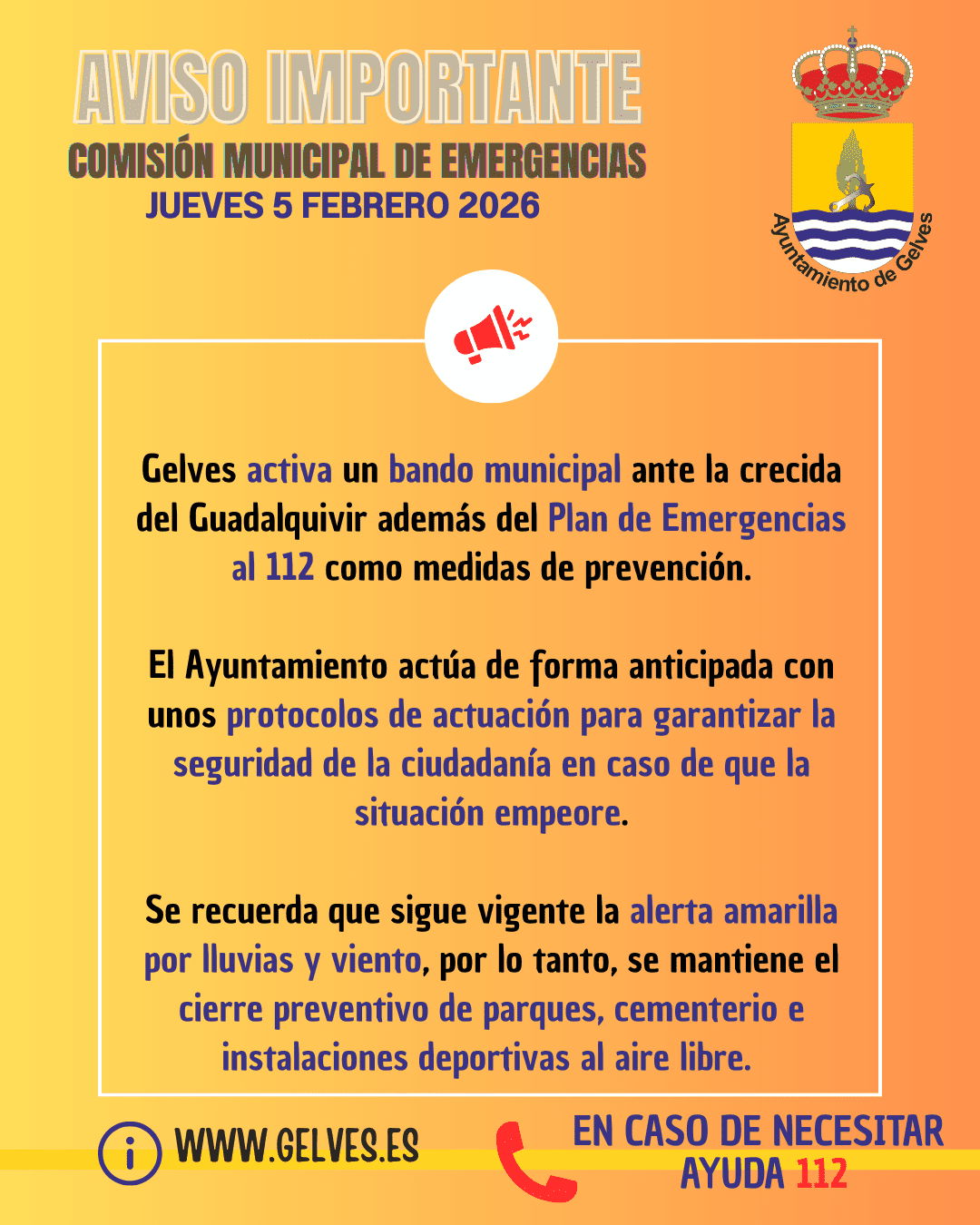 Gelves activa un bando municipal ante la crecida del Guadalquivir además del Plan de Emergencias al 112 como medidas de prevención