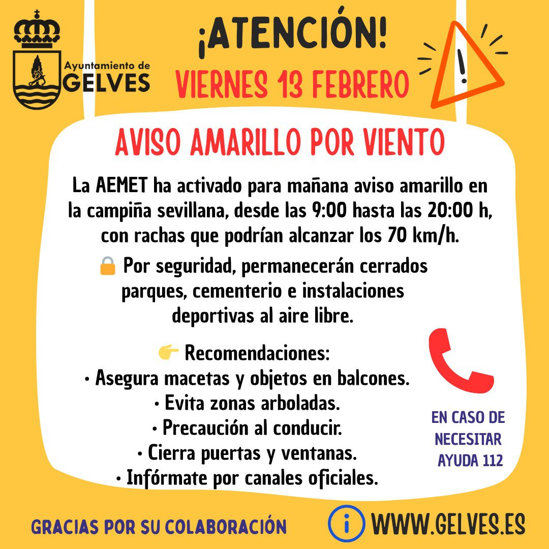 Aviso amarillo por viento en Gelves para mañana viernes