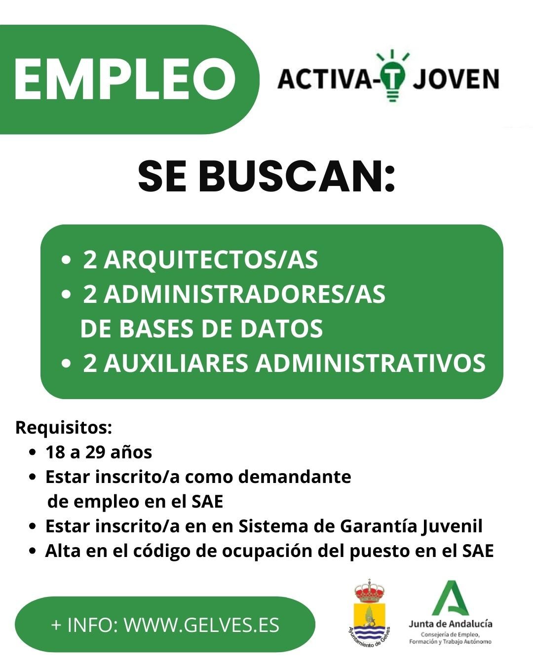 El Ayuntamiento lanzará en las próximas semanas la oferta de empleo del Programa de Empleo Activa-T Joven para la contratación a jornada completa de seis jóvenes de la localidad