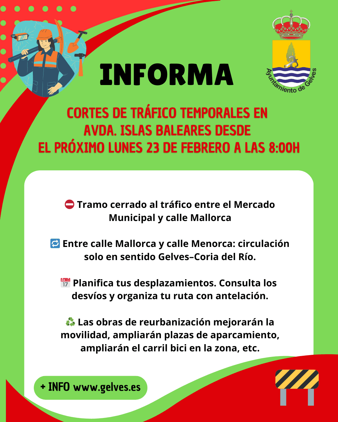 Gelves inicia el lunes las obras de reurbanización en la avenida Islas Baleares con cortes de tráfico temporales