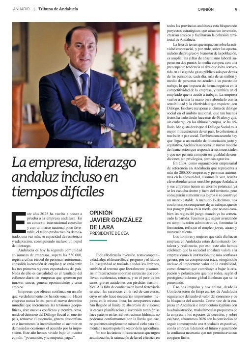 Javier González de Lara en Tribuna de Andalucía: “La empresa andaluza ha demostrado que sabe liderar incluso en tiempos difíciles” – Confederación de Empresarios de Andalucía