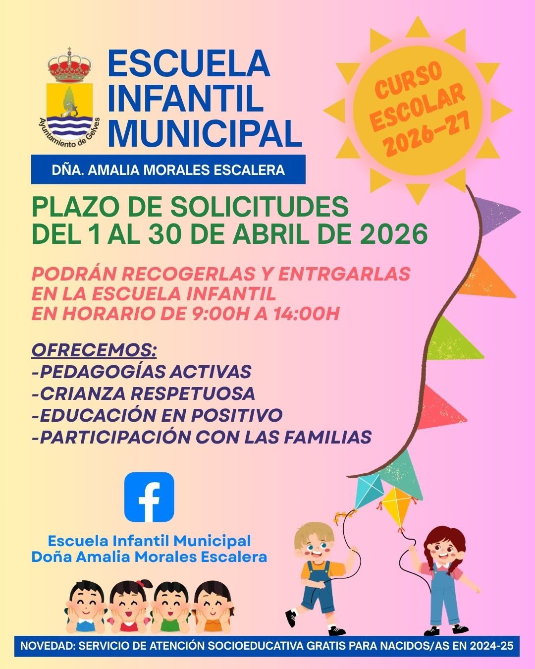 El plazo de solicitudes para el curso 2026-27 en la Escuela Infantil Municipal estará abierto del 1 al 30 de abril de 2026