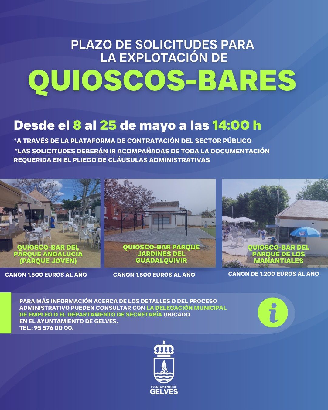 Abierto el plazo de solicitudes para la explotación de quioscos-bares en tres parques del municipio: Andalucía, Los Manantiales y Jardines del Guadalquivir (3ª fase)