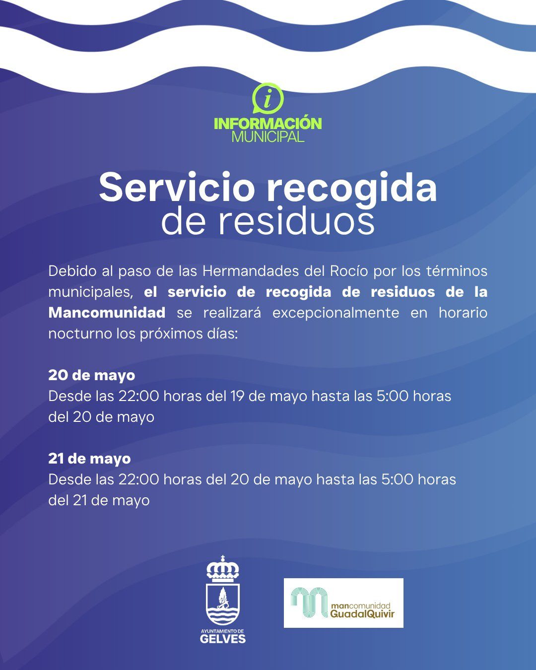 La recogida de residuos se realizará en horario nocturno durante el paso de las Hermandades del Rocío
