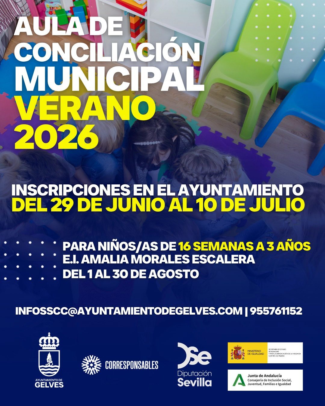 Abierto el plazo de solicitudes del 29 de junio al 10 de julio para el Aula de Conciliación Municipal de Verano 2026 para niños/as con edades comprendidas entre 16 semanas y 3 años