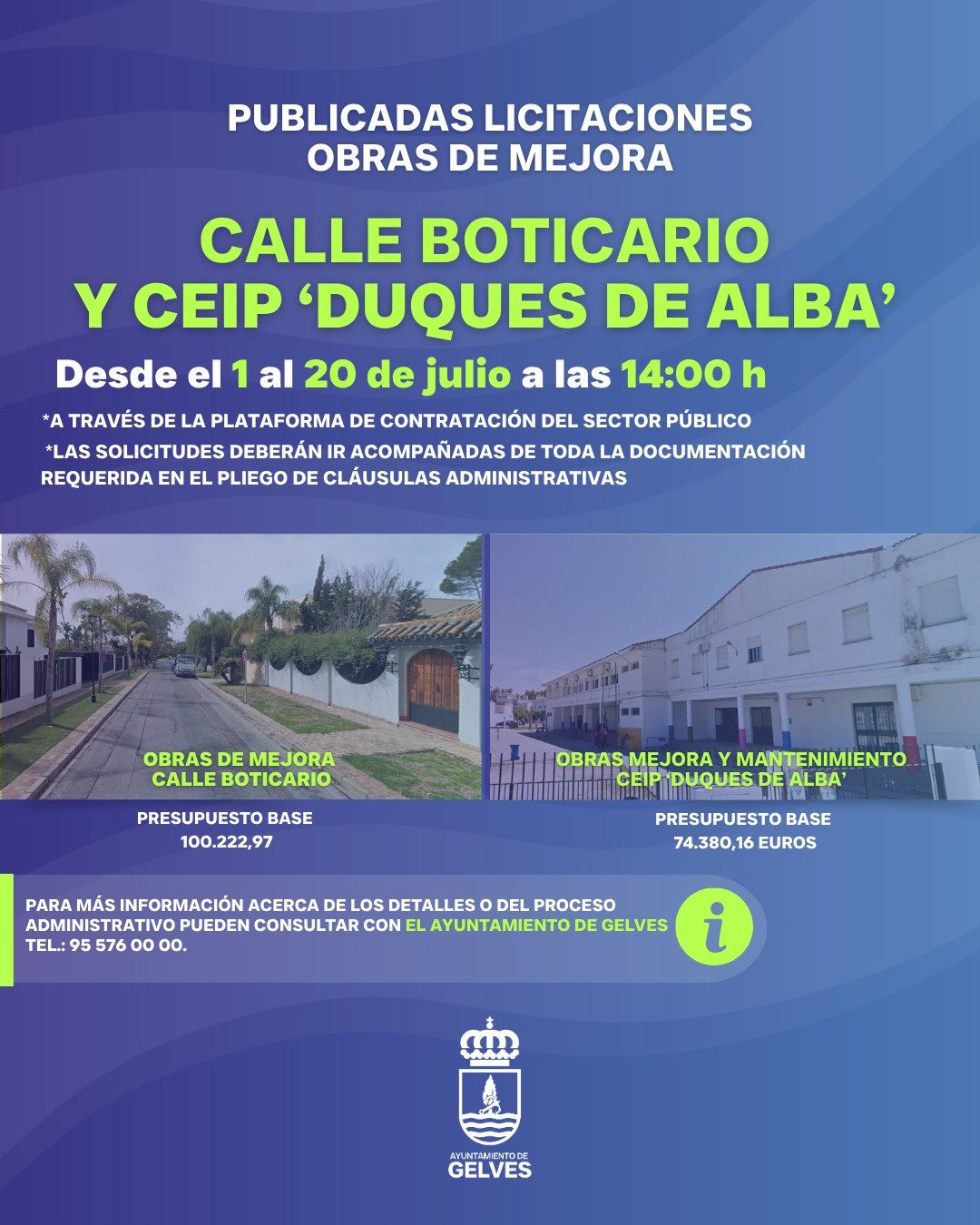 El Ayuntamiento de Gelves publica las licitaciones para las obras de mejora en la Calle Boticario y el CEIP Duques de Alba