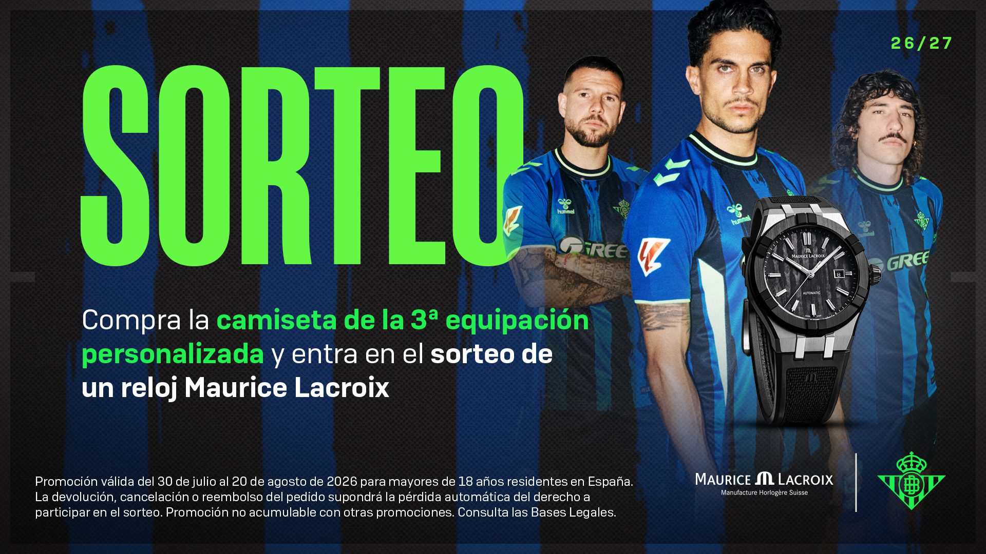 El Real Betis sortea un reloj Maurice Lacroix con la compra de la tercera equipación personalizada
