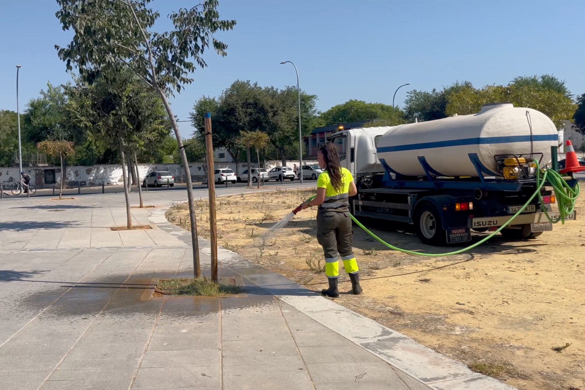 El Ayuntamiento refuerza el riego del arbolado en el distrito Cerro-Amate con 75 000 litros de agua a la semana