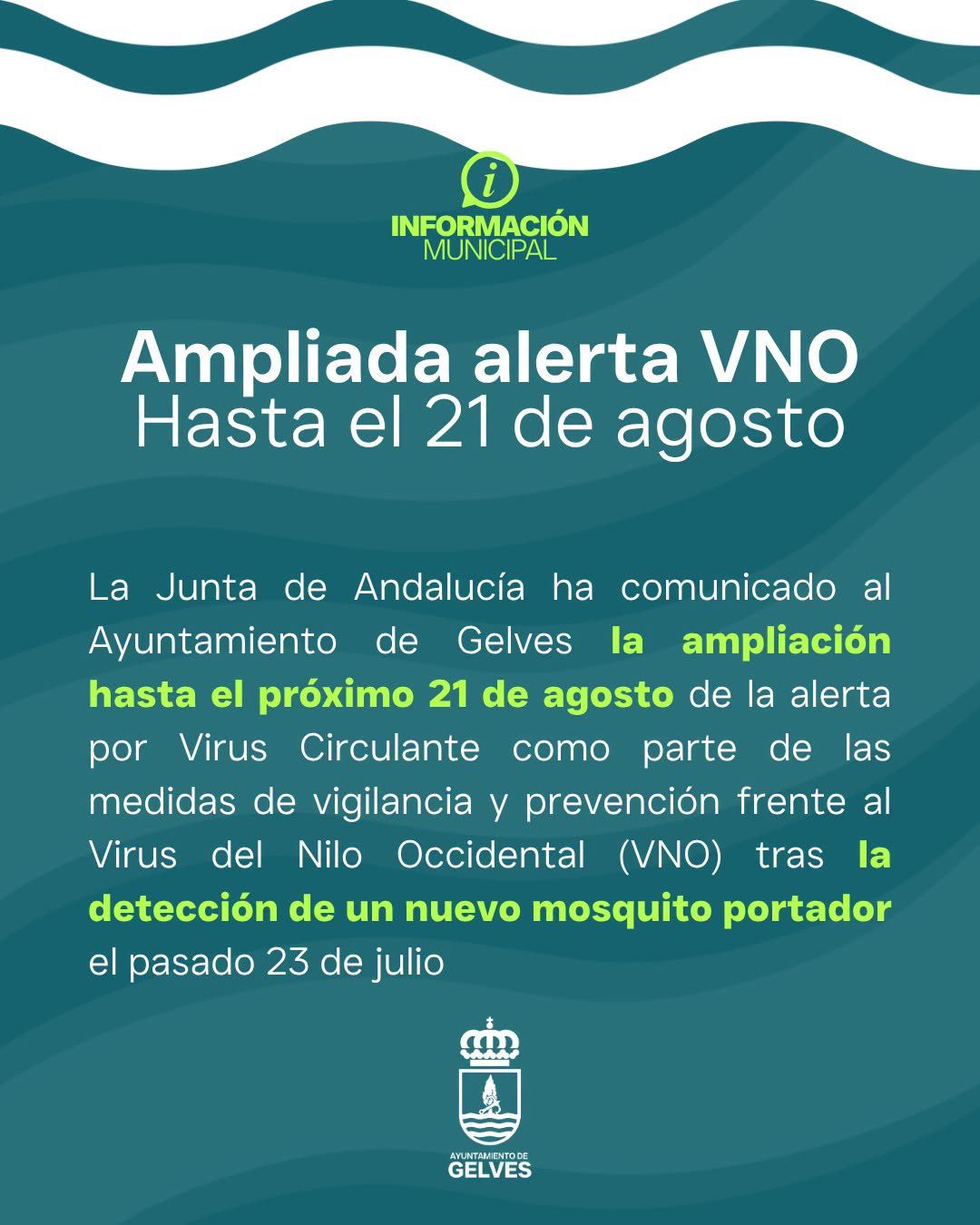 La Junta de Andalucía amplía hasta el 21 de agosto la alerta por Virus Circulante del Virus del Nilo Occidental en Gelves