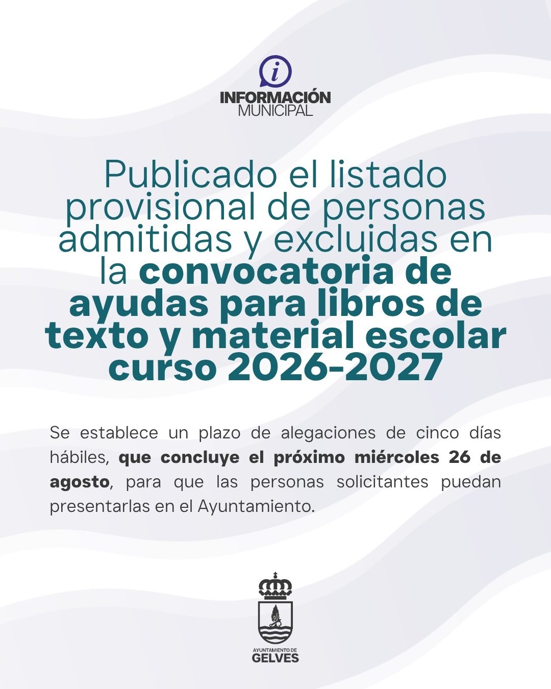Publicado el listado provisional de personas admitidas y excluidas en la convocatoria de ayudas para libros de texto y material escolar curso 2026-27
