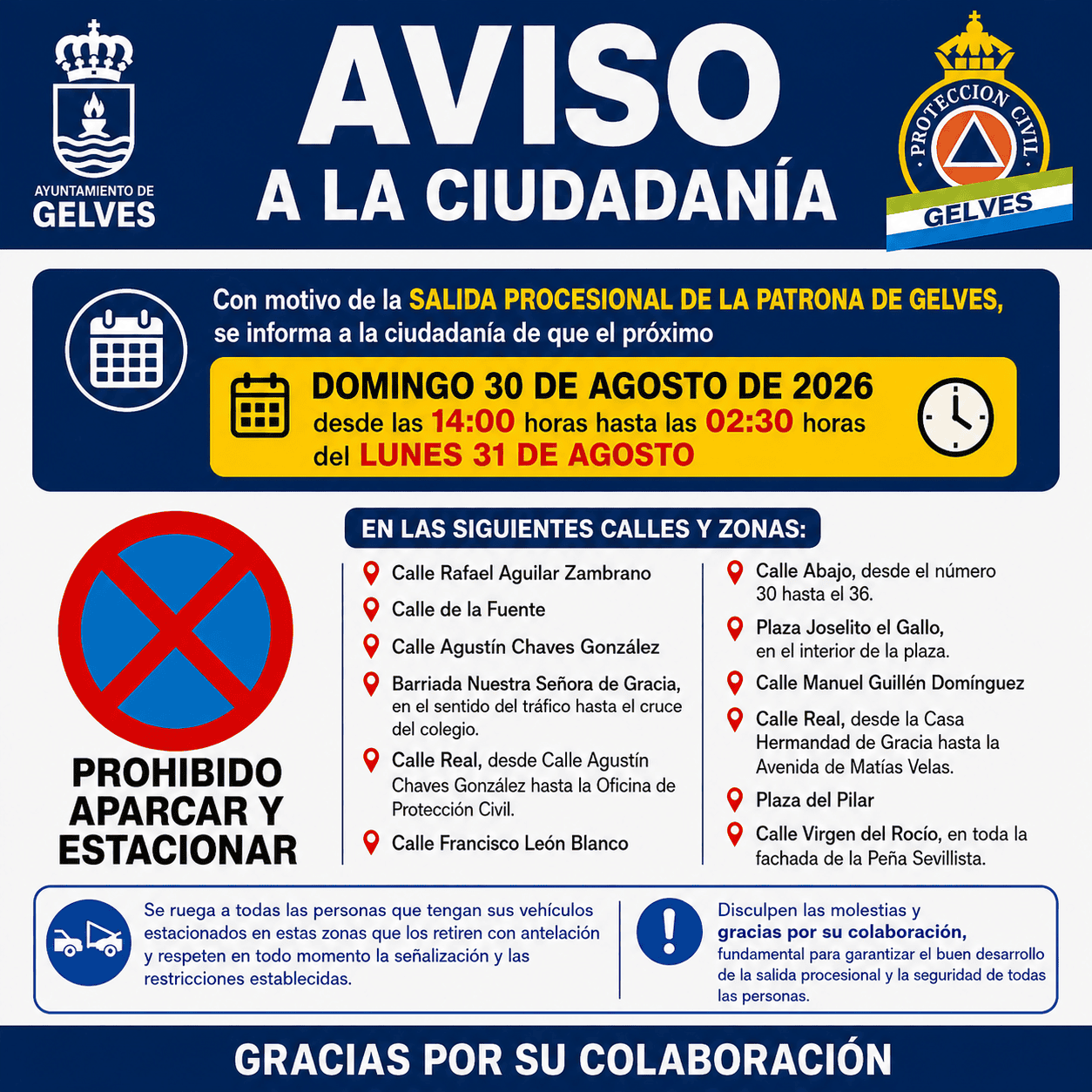 Aviso sobre restricciones de estacionamiento con motivo de la salida procesional de la Patrona de Gelves