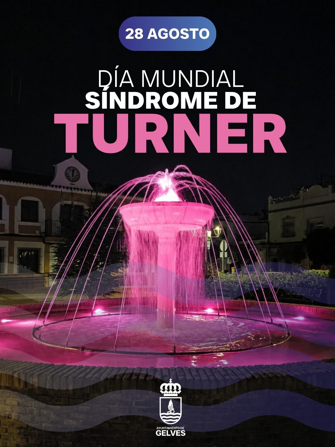 Gelves se suma al Día Mundial del Síndrome de Turner iluminando de rosa la fuente de la Plaza Duque de Alba
