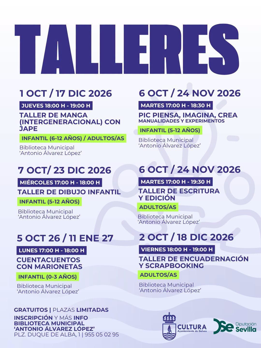 Gelves abre las inscripciones para los talleres culturales gratuitos del curso 2026/2027