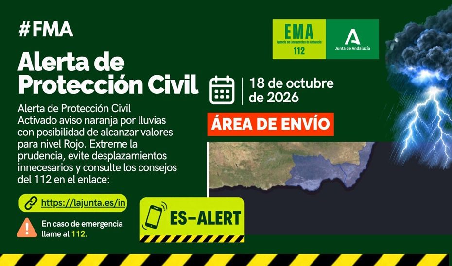 La Junta envía un ES-Alert a 50 municipios de Almería ante el riesgo de lluvias muy intensas esta madrugada