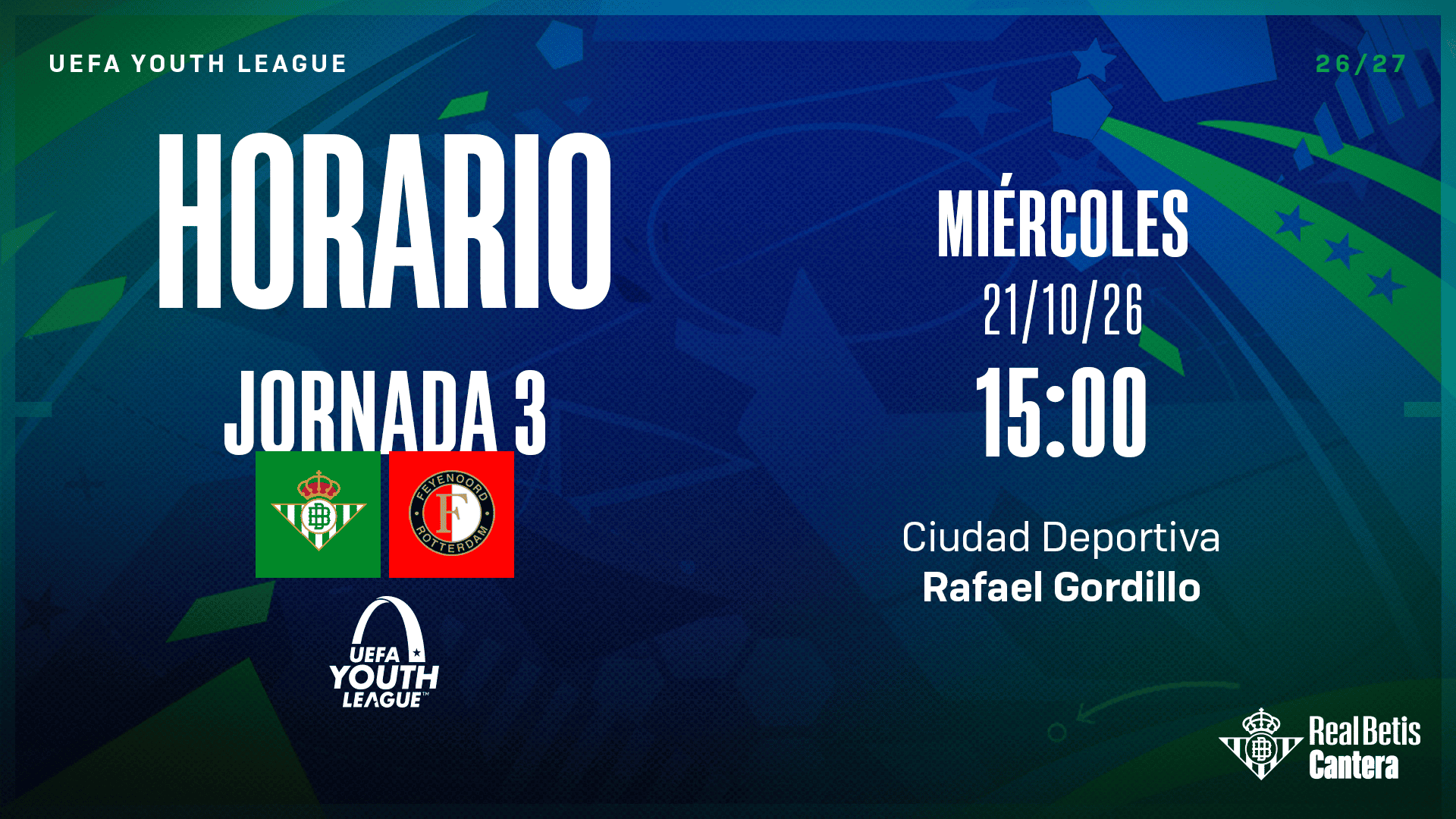 El Real Betis Juvenil DH – Feyenoord Rotterdam, el miércoles 21 a las 15:00 en la Ciudad Deportiva Rafael Gordillo